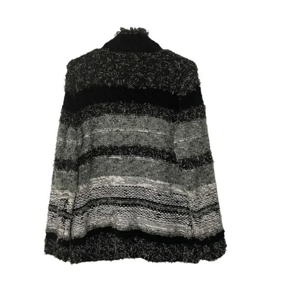 Chico’s Striped Fuzzy Fringe Zip Wool Blend Sweater Black White Grey Size M - Picture 3 of 3